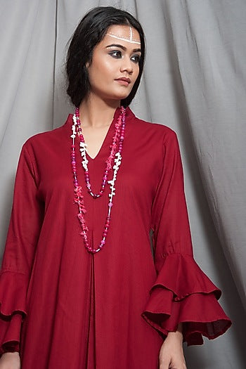 Rust Red Cowl Dress With Necklace