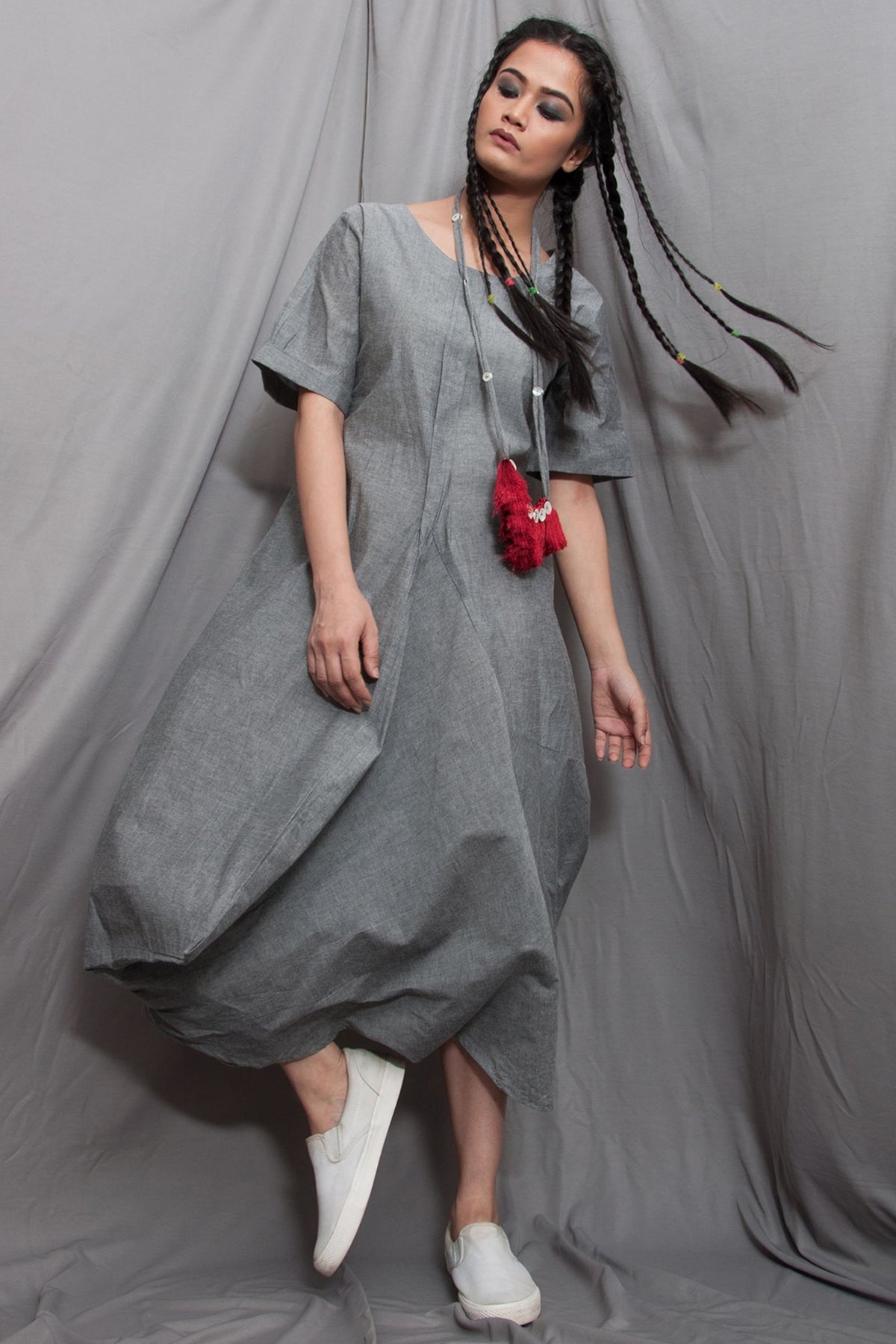 Grey Draped Dress With Necklace