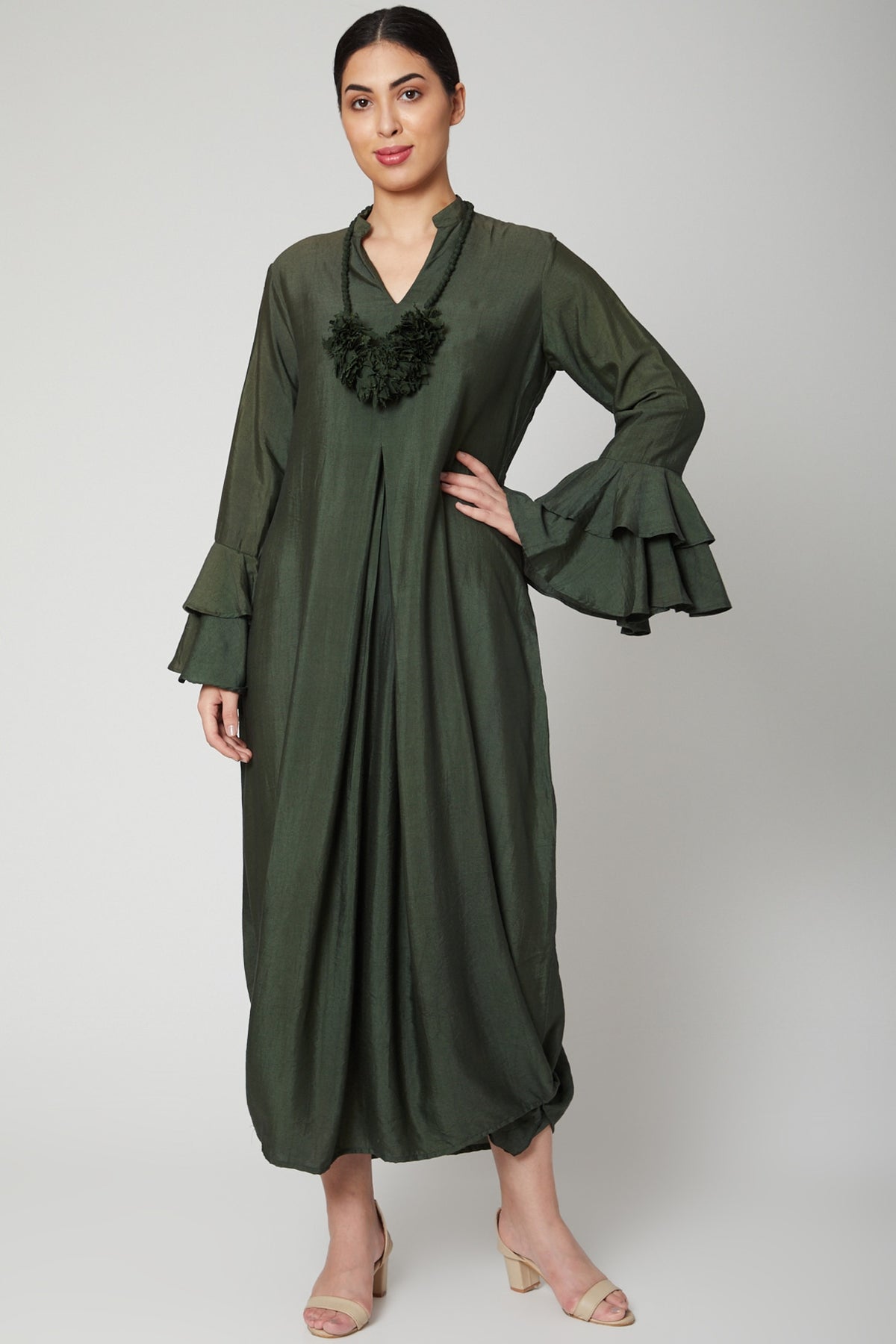 Bottle Green Dress With Necklace