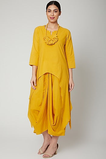 Mustard Cowl Dress With Necklace