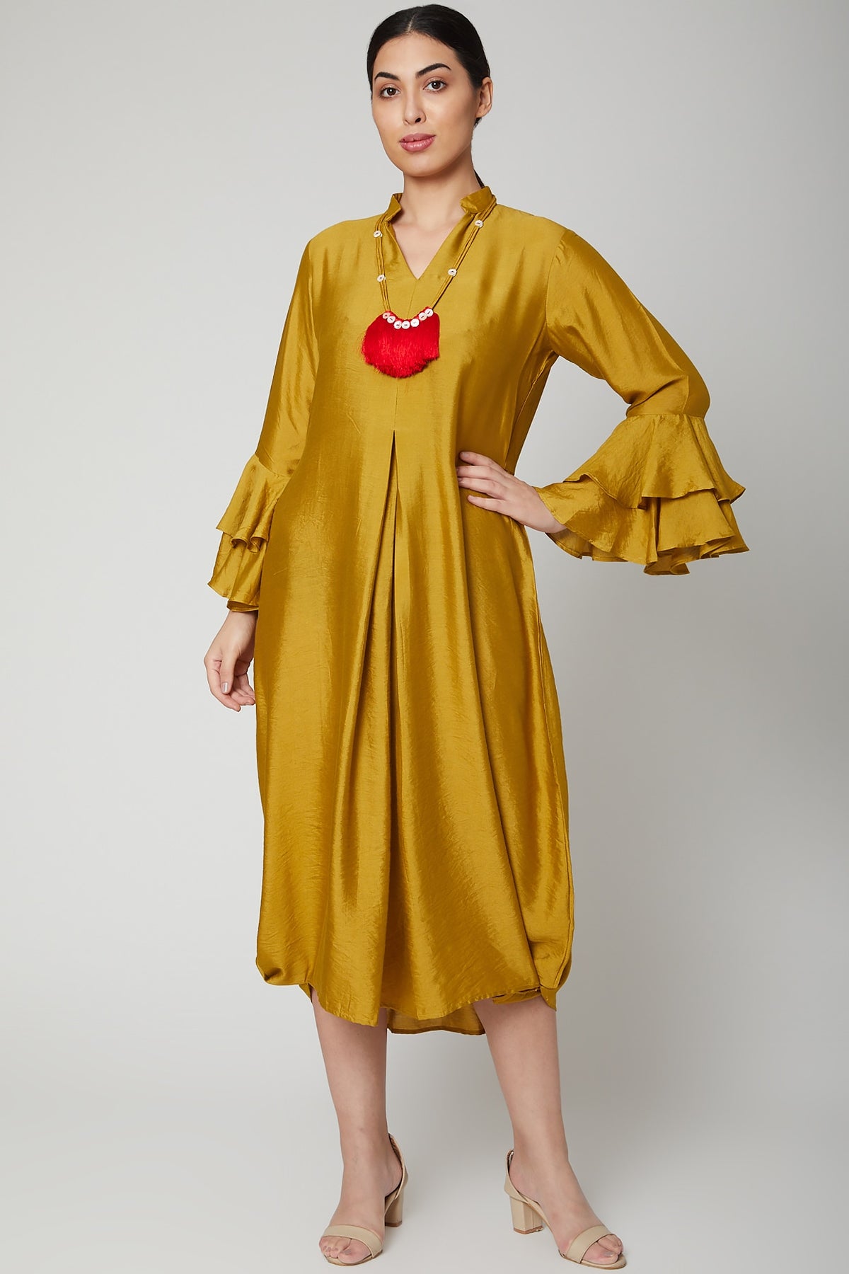 Mustard Dress With Bell Sleeves & Necklace