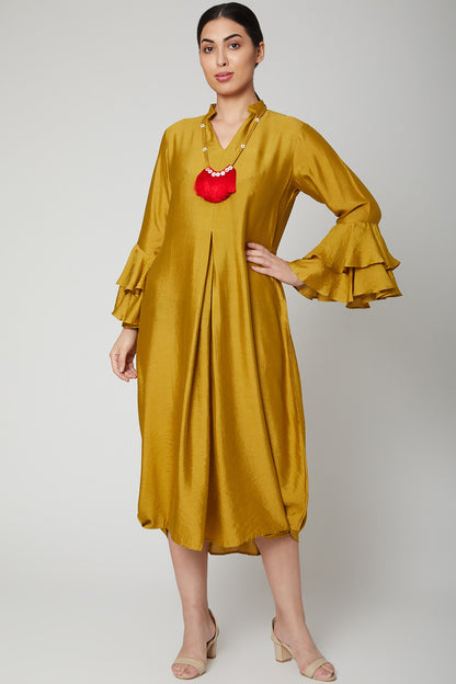 Mustard Dress With Bell Sleeves & Necklace