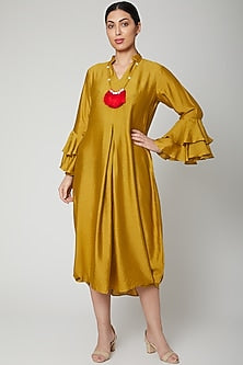 Mustard Dress With Bell Sleeves & Necklace