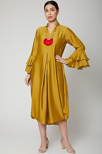 Mustard Dress With Bell Sleeves & Necklace