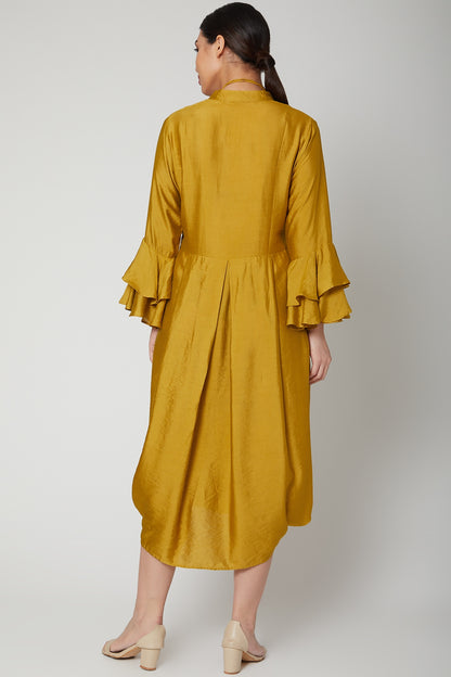 Mustard Dress With Bell Sleeves & Necklace