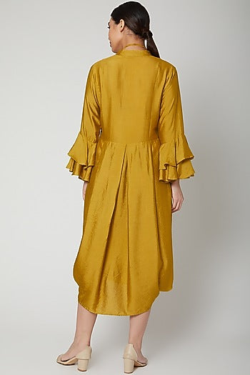 Mustard Dress With Bell Sleeves & Necklace