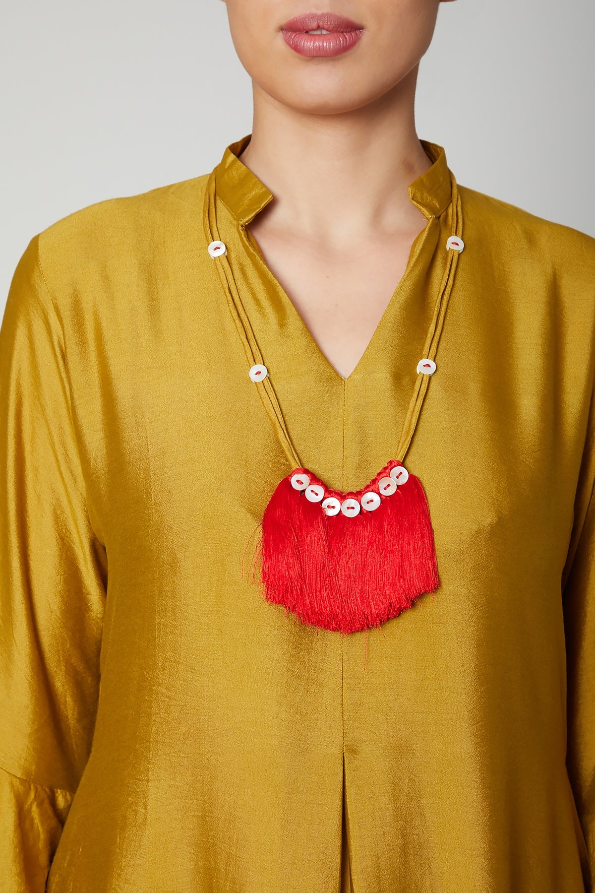 Mustard Dress With Bell Sleeves & Necklace