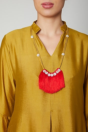 Mustard Dress With Bell Sleeves & Necklace
