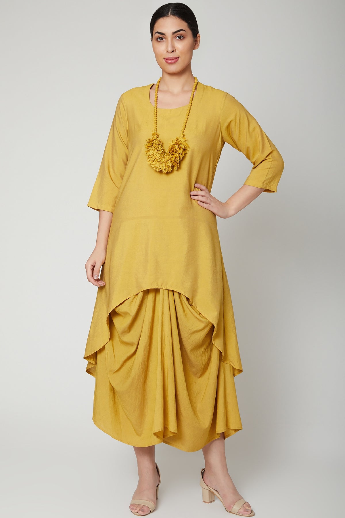 Mustard Cowl Dress With Necklace