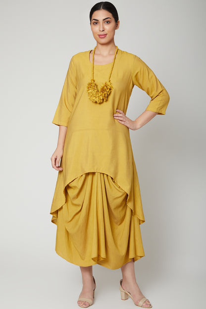 Mustard Cowl Dress With Necklace