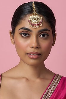 Gold Finish Kundan Polki & Pearl Maangtikka