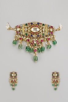 Gold Finish Kundan Polki & Jadtar Choker Necklace Set