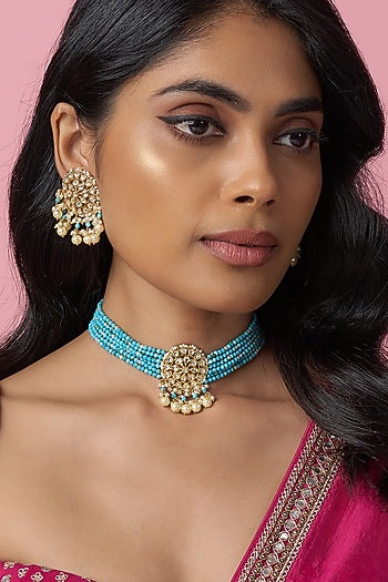 Gold Finish Kundan Polki & Turquoise Beaded Choker Necklace Set