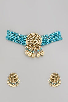 Gold Finish Kundan Polki & Turquoise Beaded Choker Necklace Set