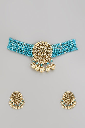 Gold Finish Kundan Polki & Turquoise Beaded Choker Necklace Set