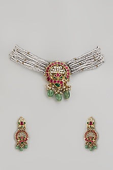 Gold Finish Kundan Polki & Jadtar Choker Necklace Set