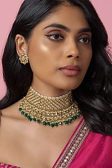 Gold Finish Kundan Polki & Jadtar Choker Necklace Set