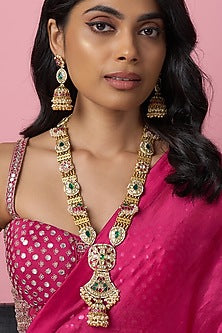 Gold Finish Kundan Polki & Jadtar Long Necklace Set