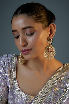 Gold Plated Kundan Polki & Natural Pearl Chandbaali Earrings