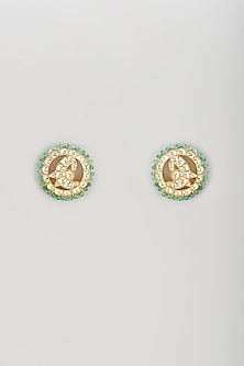 Gold Plated Kundan Polki & Pastel Green Beaded Stud Earrings