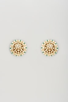 Gold Plated Kundan Polki & Pastel Green Beaded Stud Earrings