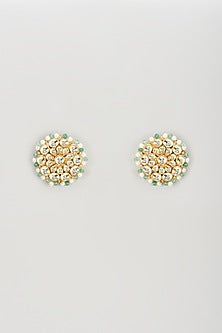 Gold Plated Kundan Polki & Pastel Green Beaded Stud Earrings
