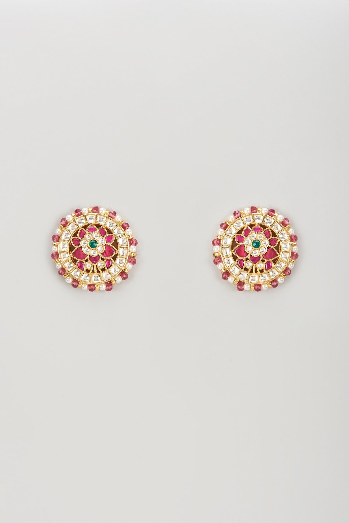 Gold Plated Kundan Polki & Ruby Beaded Stud Earrings