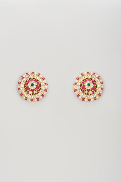 Gold Plated Kundan Polki & Ruby Beaded Stud Earrings