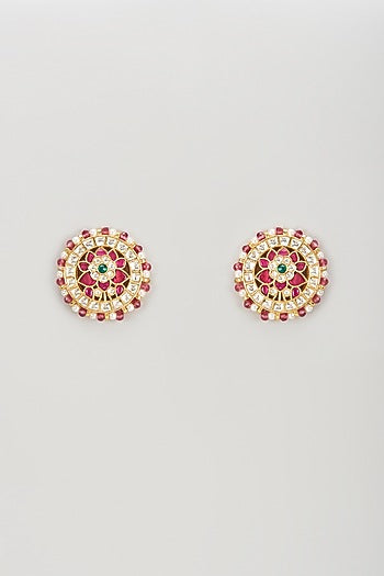 Gold Plated Kundan Polki & Ruby Beaded Stud Earrings