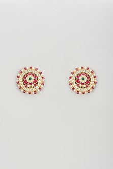 Gold Plated Kundan Polki & Ruby Beaded Stud Earrings