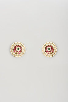 Gold Plated Kundan Polki & Pearl Stud Earrings