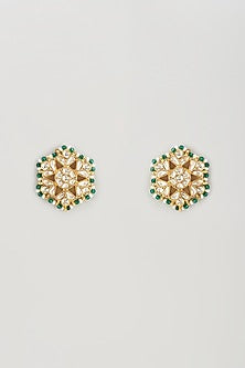 Gold Plated Kundan Polki & Green Beaded Stud Earrings