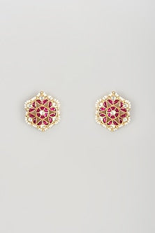 Gold Plated Kundan Polki & Pearl Stud Earrings