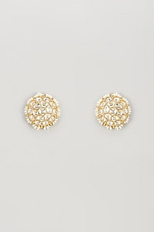 Gold Plated Kundan Polki & Pearl Stud Earrings