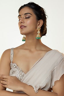 Gold Plated Kundan Polki & Green Aventurine Drop Jhumka Earrings