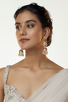 Gold Plated Kundan Polki & Multi-colored Jadtar Stone Jhumka Earrings