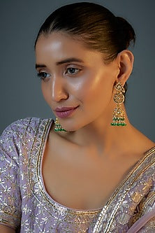 Gold Plated Green Aventurine Drop & Pearl Jhumka Earrings