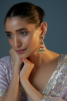 Gold Plated Multi-Colored Jadtar Stone & Pearl Jhumka Earrings