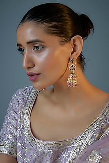 Gold Plated Multi-Colored Jadtar Stone & Ruby Beaded Jhumka Earrings