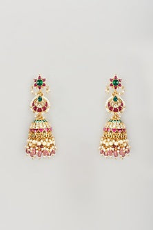 Gold Plated Multi-Colored Jadtar Stone & Ruby Beaded Jhumka Earrings