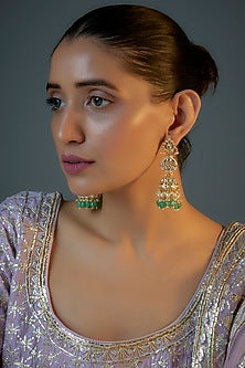 Gold Plated Jadtar Stone & Pastel Green Aventurine Drop Jhumka Earrings