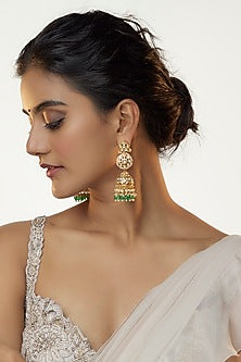 Gold Plated Jadtar Stone & Green Beaded Jhumka Earrings