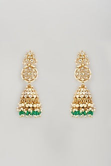 Gold Plated Jadtar Stone & Green Beaded Jhumka Earrings