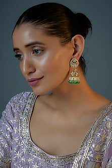Gold Plated Jadtar Stone & Green Beaded Jhumka Earrings