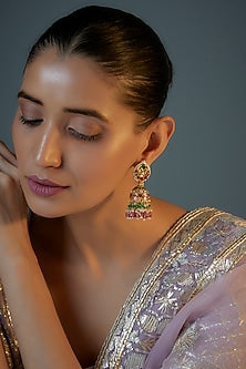 Gold Plated Jadtar Stone & Tourmaline Beaded Jhumka Earrings