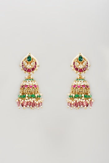 Gold Plated Jadtar Stone & Tourmaline Beaded Jhumka Earrings