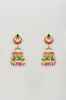 Gold Plated Jadtar Stone & Tourmaline Beaded Jhumka Earrings