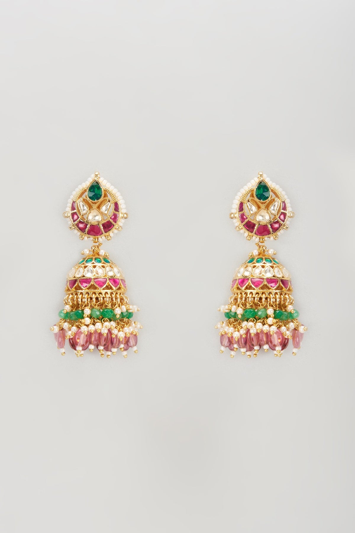 Gold Plated Jadtar Stone & Tourmaline Beaded Jhumka Earrings
