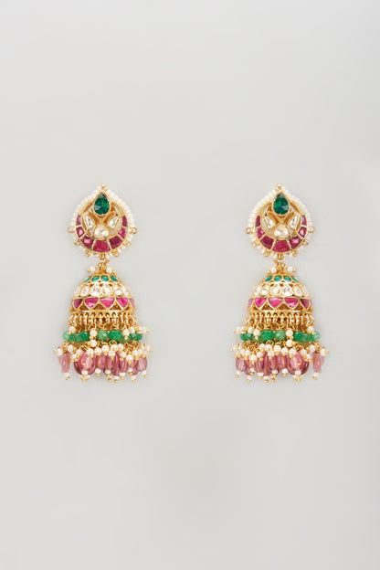Gold Plated Jadtar Stone & Tourmaline Beaded Jhumka Earrings