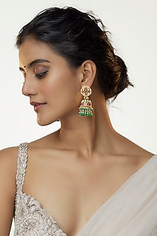 Gold Plated Multi-Colored Jadtar Stone & Pearl Jhumka Earrings